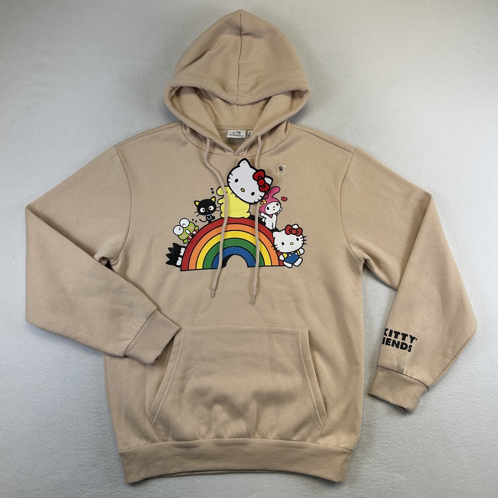 Hello Kitty Hoodie Womens Small Beige Rainbow Graphic Fleece Pullover Sanrio